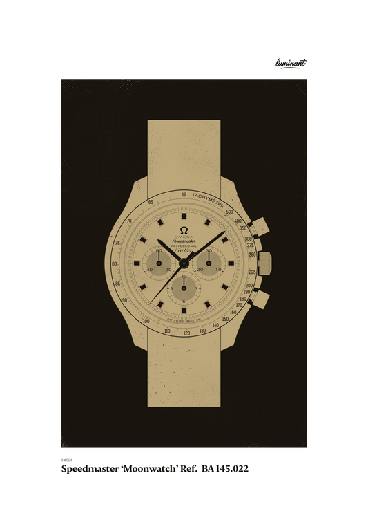 Omega Speedmaster art print — Gold illustration on a dark background, unframed