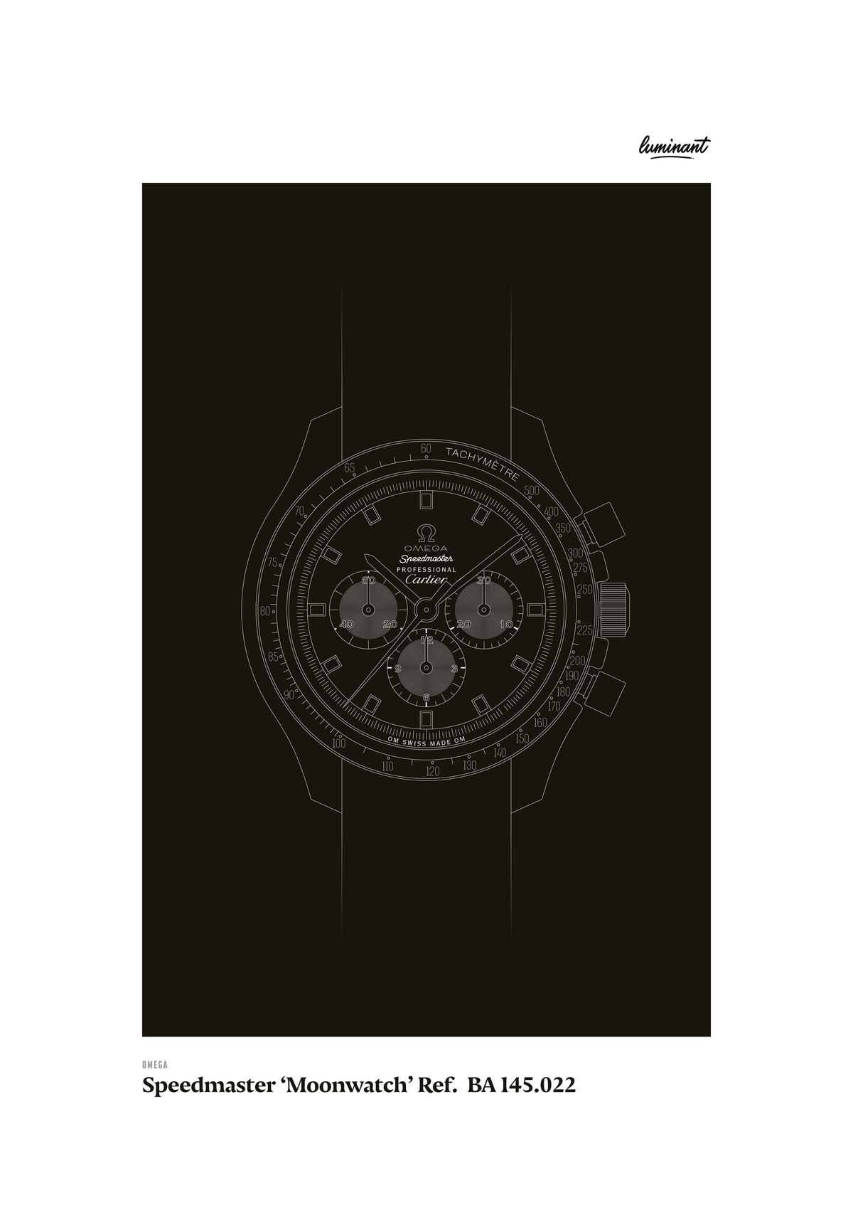 Omega Speedmaster art print — Monochrome illustration on a dark background, unframed