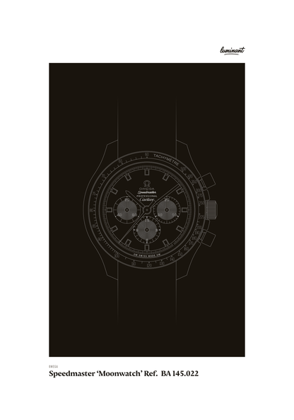 Omega Speedmaster art print — Monochrome illustration on a dark background, unframed