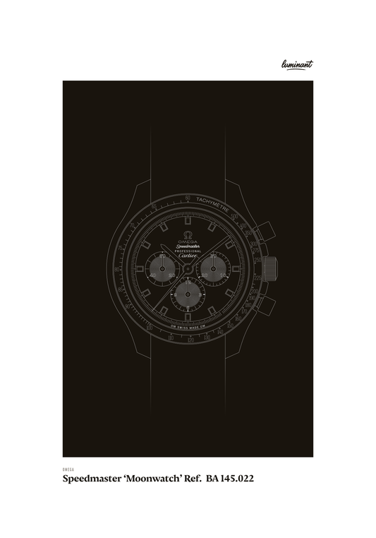 Omega Speedmaster art print — Monochrome illustration on a dark background, unframed
